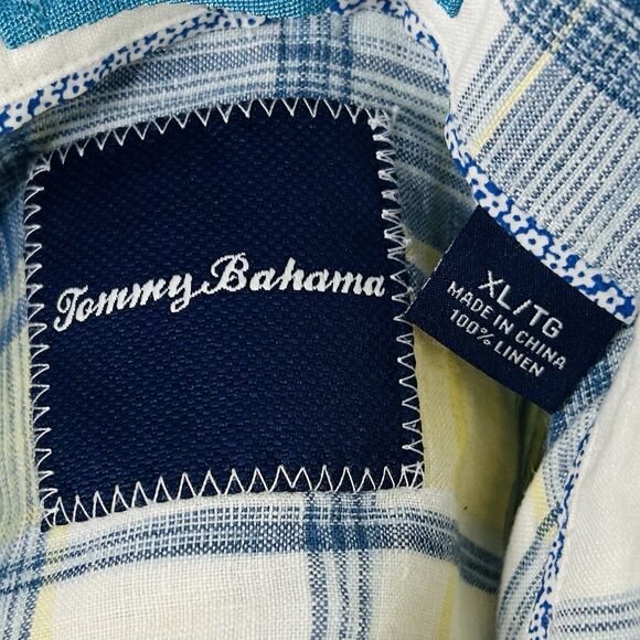 Tommy Bahama XL 100% Linen Hawaiian Lounge Shirt Blue Yellow Plaid Short Sleeve - Picture 3 of 4